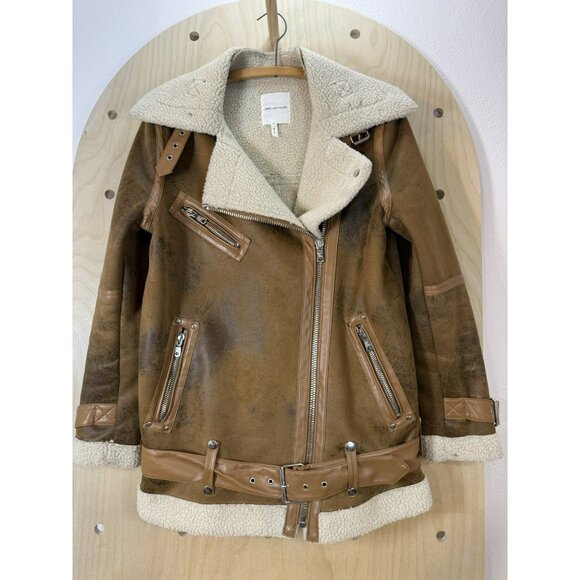 AVEC LES FILLES Coat Worn On TV Eden McCoy Camel Faux Shearling Jacket Moto XS - Picture 4 of 16